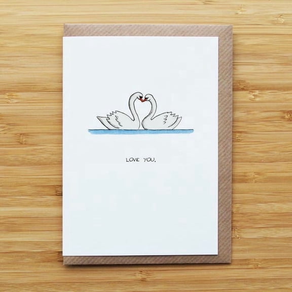 Love You Swan Greeting Card, Romantic Minimalist Anniversary or Valentine's Day Card with Kraft Envelope, Hand-Drawn Swan Illustration for Spouse, Boyfriend, or Girlfriend