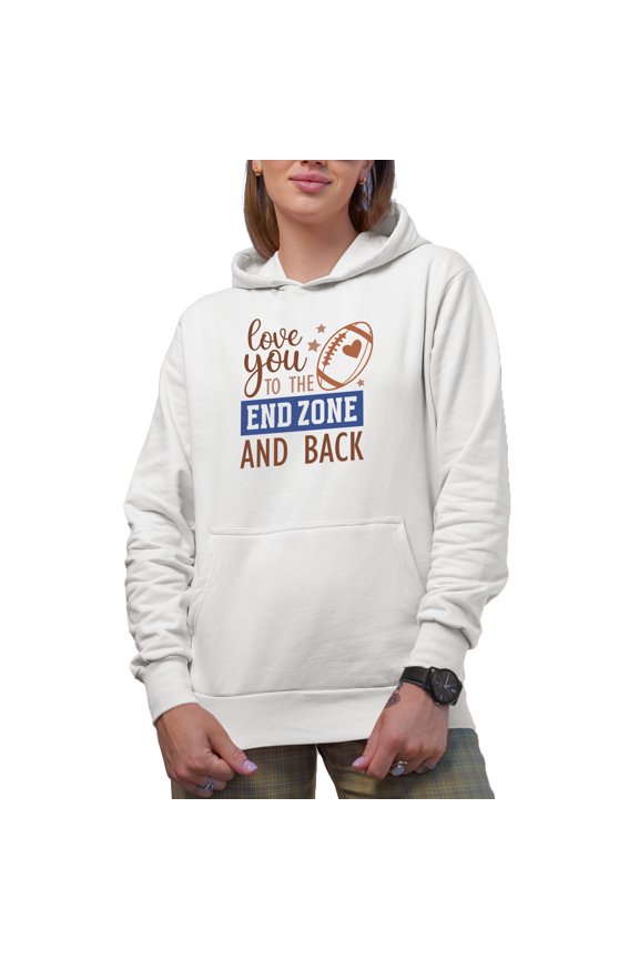 Love You to the End Zone and Back Quote, Football Art Merch Gift, White Hooded Sweatshirt or Hoodie, Small
