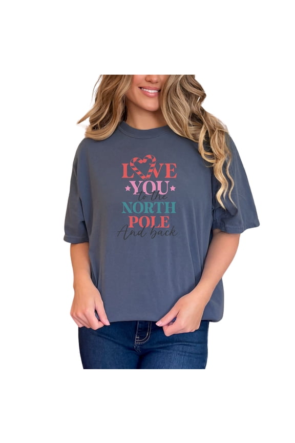 Love You to the North Pole and Back, Candy Cane Heart Art, Christmas Merch, Denim Comfort Colors T-Shirt, Medium