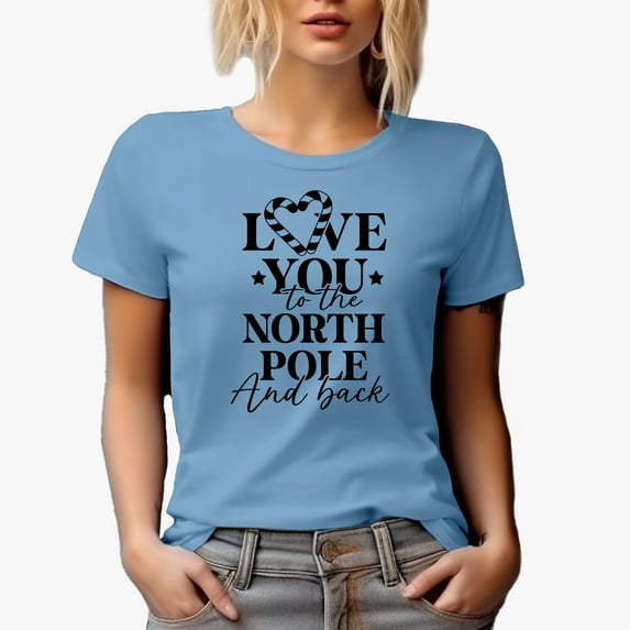 Love You to the North Pole and Back with Candy Cane Heart Art, Christmas Merch Gift, Baby Blue T-Shirt, Medium