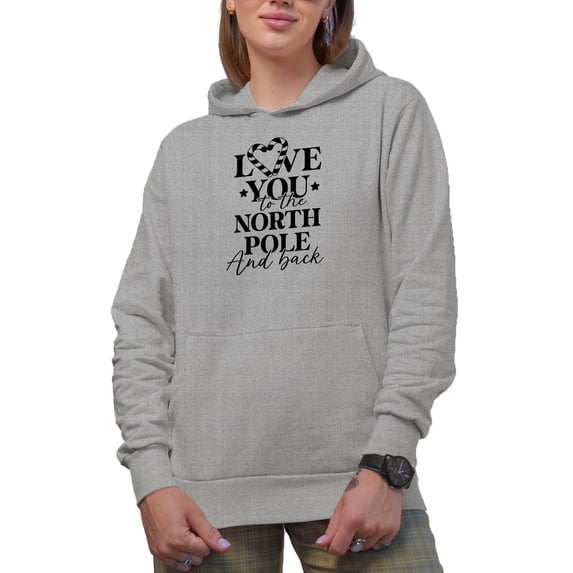 Love You to the North Pole and Back with Candy Cane Heart Art, Christmas Merch Gift, Heather Grey Hooded Sweatshirt or Hoodie, Small
