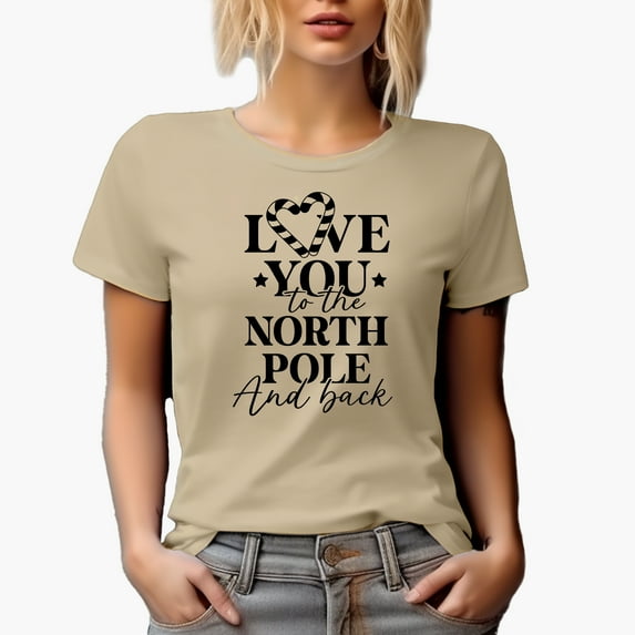 Love You to the North Pole and Back with Candy Cane Heart Art, Christmas Merch Gift, Tan T-Shirt, XL
