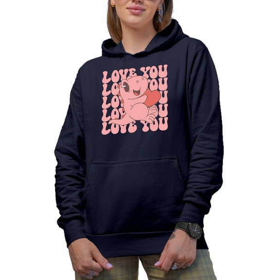 Love You with Cute Dinosaur & Heart, Groovy Text, Retro Valentine's Day Gift, Navy Blue Hooded Sweatshirt or Hoodie, Medium