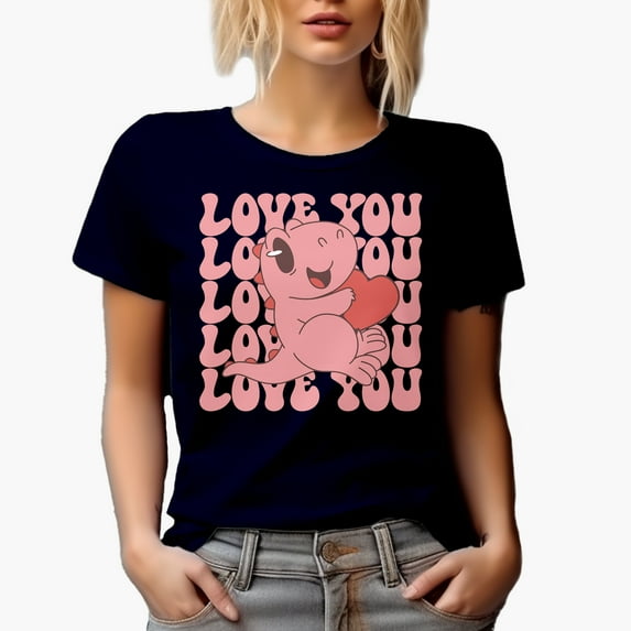 Love You with Cute Dinosaur & Heart, Groovy Text, Retro Valentine's Day Gift, Navy Blue T-Shirt, 2XL