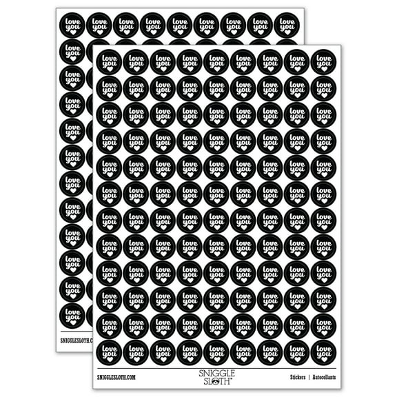 Love You with Heart 200+ Round Stickers - Black - Gloss Finish - 0.50" Size