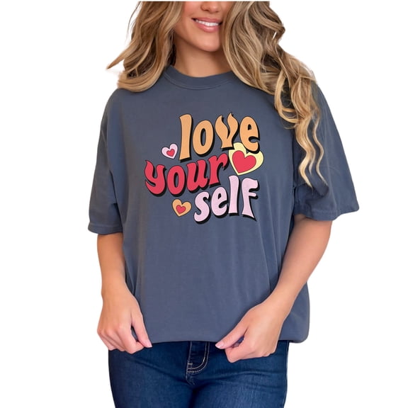 Love Your Self, Retro Wavy Text Art, Valentine's Day, Denim Comfort Colors T-Shirt, XL