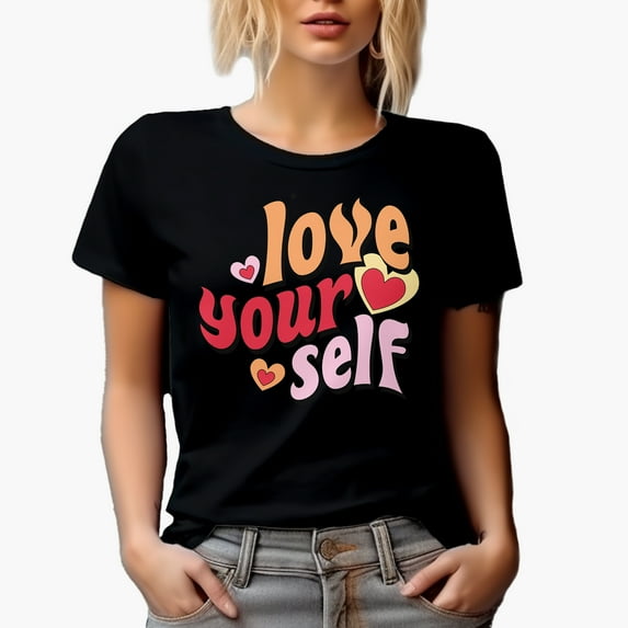Love Your Self, Retro Wavy Text Art, Valentine's Day Merch Gift, Black T-Shirt, XL