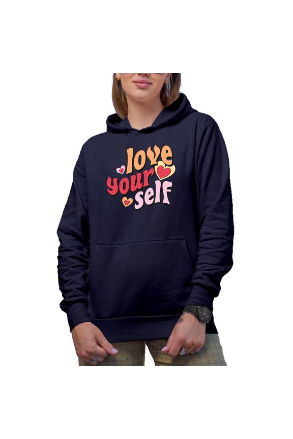 Love Your Self, Retro Wavy Text Art, Valentine's Day Merch Gift, Navy Blue Hooded Sweatshirt or Hoodie, XL