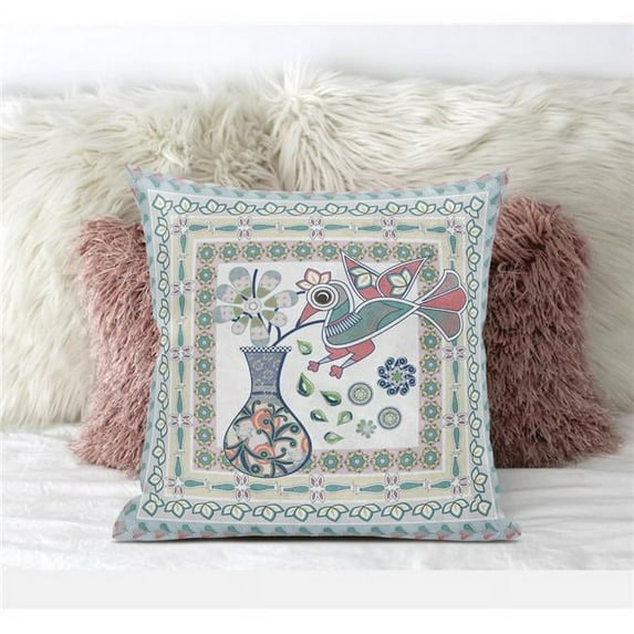Love Your Vase Peacock Indoor/Outdoor Pillow in White Pink Light Blue 26x26