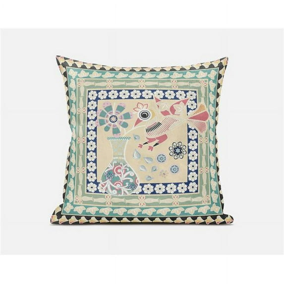 Love Your Vase Peacock Indoor/Outdoor Pillow with Removable Cover in Beige Green Pink18x18