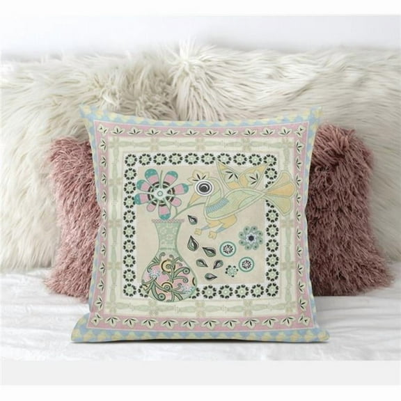 Love Your Vase Peacock Indoor/Outdoor Fabric Pillow in Beige Pink Blue 20x20