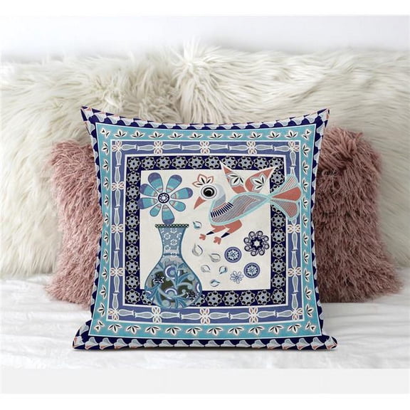 Love Your Vase Peacock Throw Pillow with Removable Cover in Blue Navy Off-White 16x16