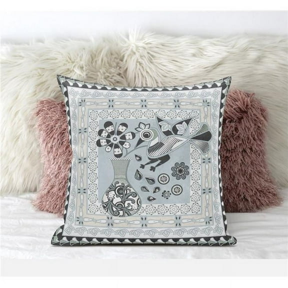 Love Your Vase Peacock Indoor/Outdoor Fabric Pillow in Blue Black Cream 18x18
