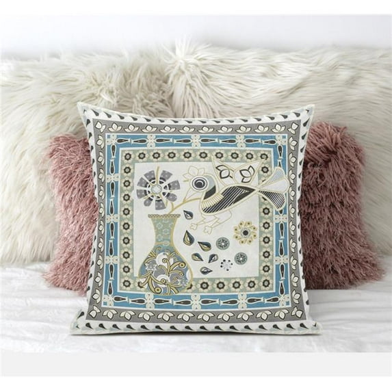 Love Your Vase Peacock Indoor/Outdoor Pillow in Off-White Gray Green 16x16