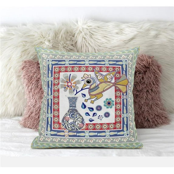 Amrita Sen Designs CAPL615FSDS-BL-16x16 16 x 16 in. Love Your Vase Peacock Suede Blown & Closed Pillow - Red, White & Blue