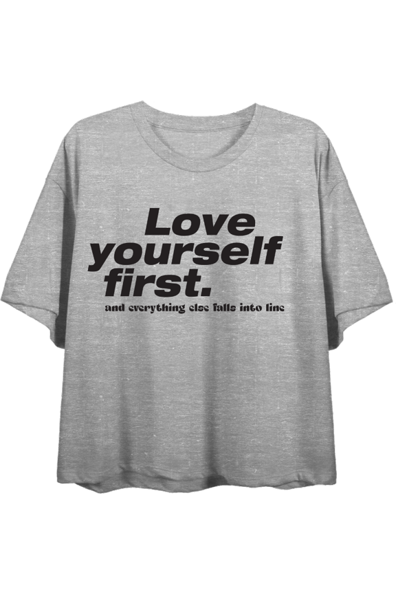 "Love Yourself First" Women's Heather Gray Crew Neck Short Sleeve Top-Medium