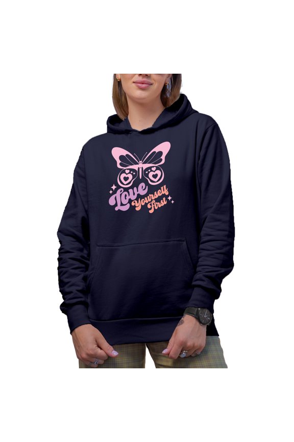 Love Yourself First feat. a Butterfly, Valentine's Day Art Merch Gift, Navy Blue Hooded Sweatshirt or Hoodie, XL