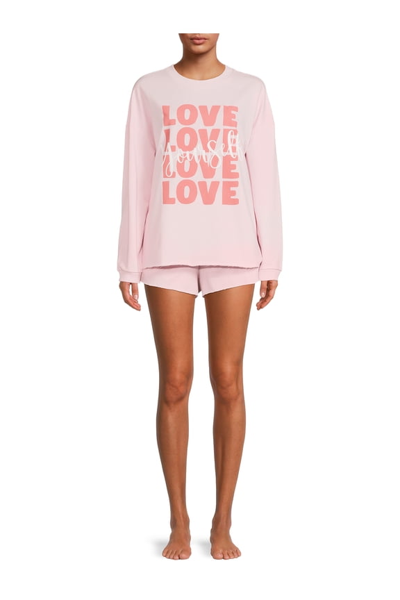 Love Yourself Juniors Drop Shoulder Crew & Sleep Shorts, 2-Piece Set