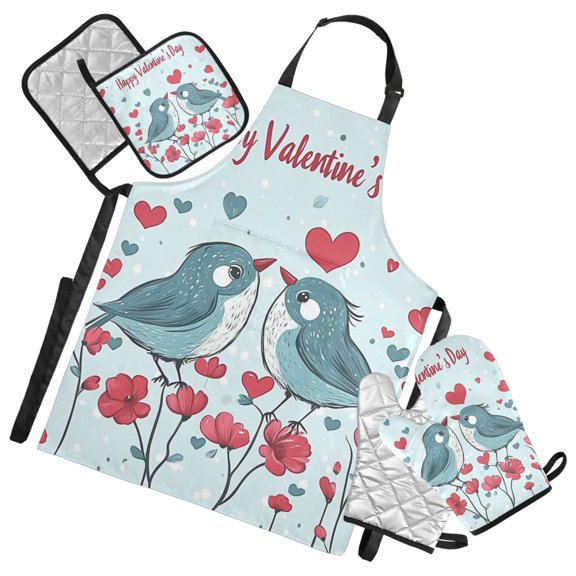 Love and Birds Oven Mitts and Pot Holders with Chef Apron Set 5 Pcs Kitchen Cooking Set
