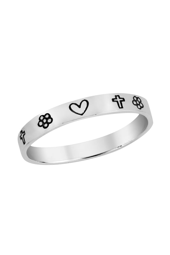 Love and Faith Emblem 3mm Band .925 Sterling Silver Ring-9