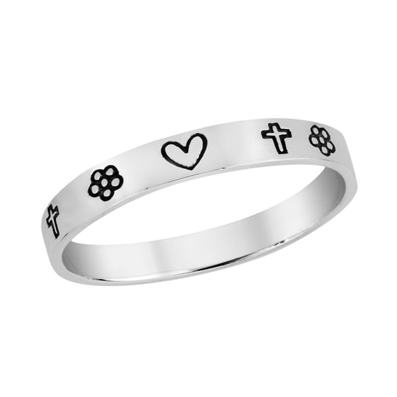 Love and Faith Emblem 3mm Band .925 Sterling Silver Ring-9