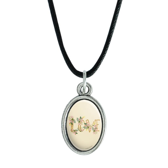 Love and Flowers Antiqued Oval Charm Pendant with Black Satin Cord