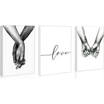 Love and Hand in Hand Wall Art Canvas, Black and White Sketch (Set of 3 Framed 11"x14")