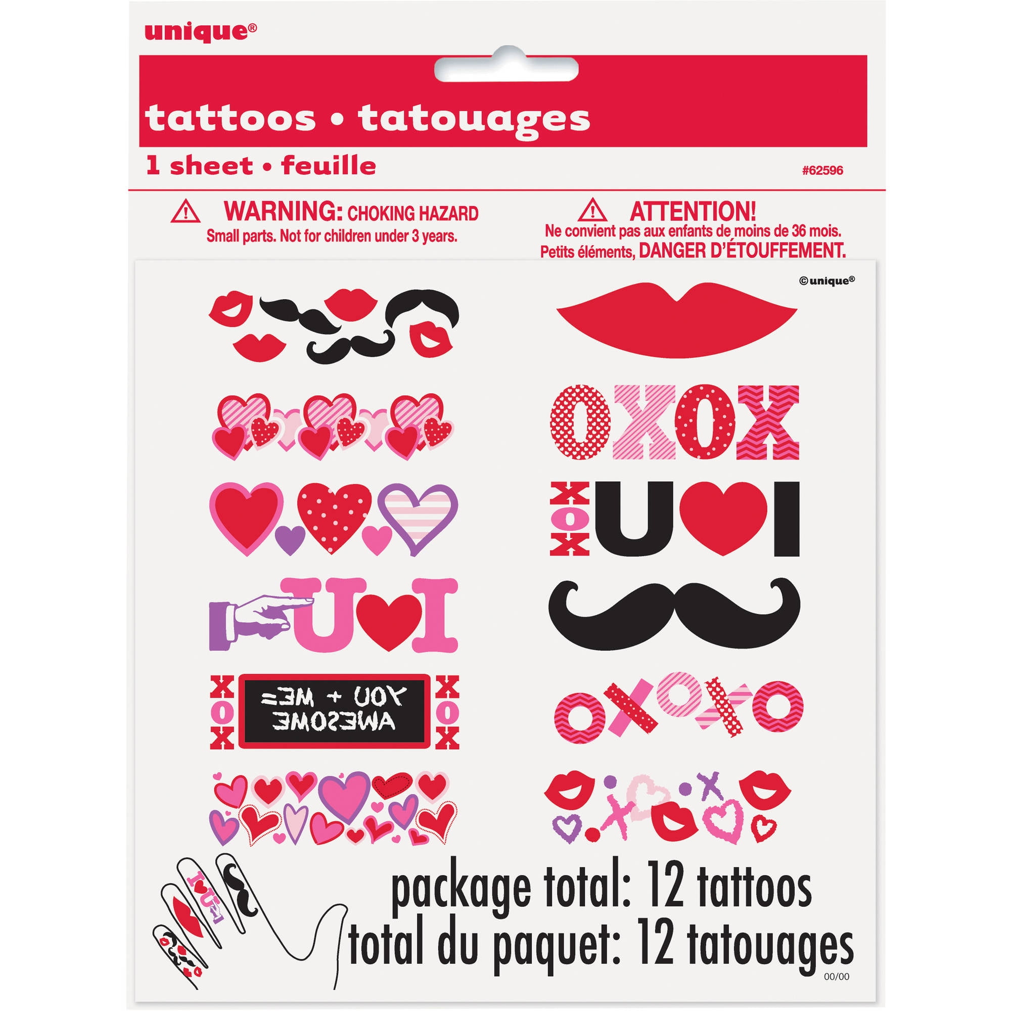 Love and Hearts Valentine's Day Finger Tattoos, Assorted 12pk
