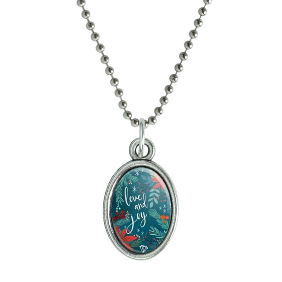 Love and Joy at Christmas Poinsettias Antiqued Oval Charm Pendant with Chain
