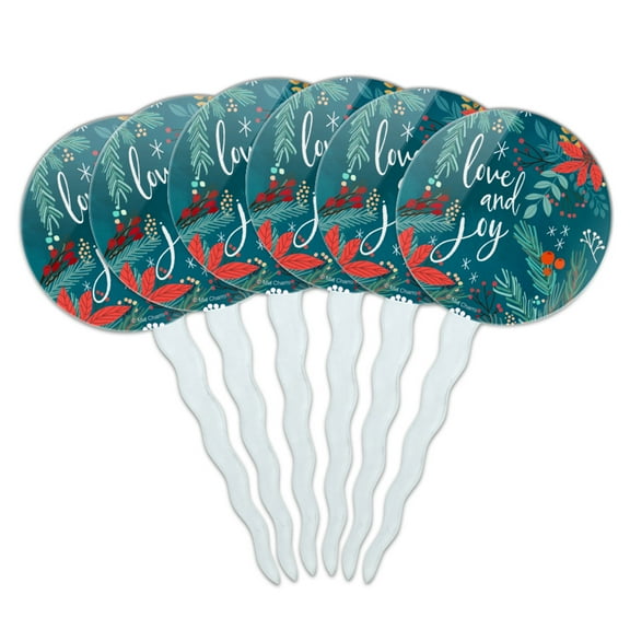 Love and Joy at Christmas Poinsettias Cupcake Picks Toppers Decoration Set of 6