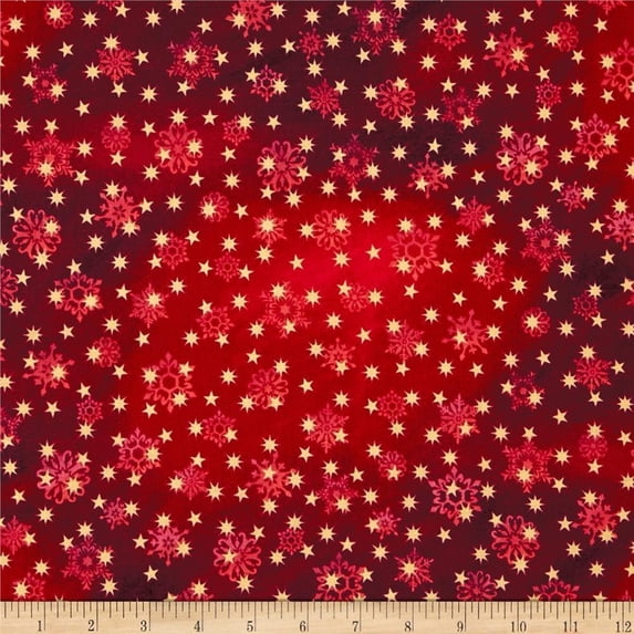 "Love and Peace" Stars and Snowflakes Red 100% Cotton Fabric Sold by the Yard