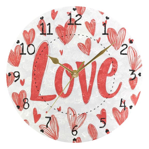 Love and Red Doodle Hearts Valentine Round Wall Clock Silent Analog Battery Operated Gold Pointer Home Decor 9.84" Diameter