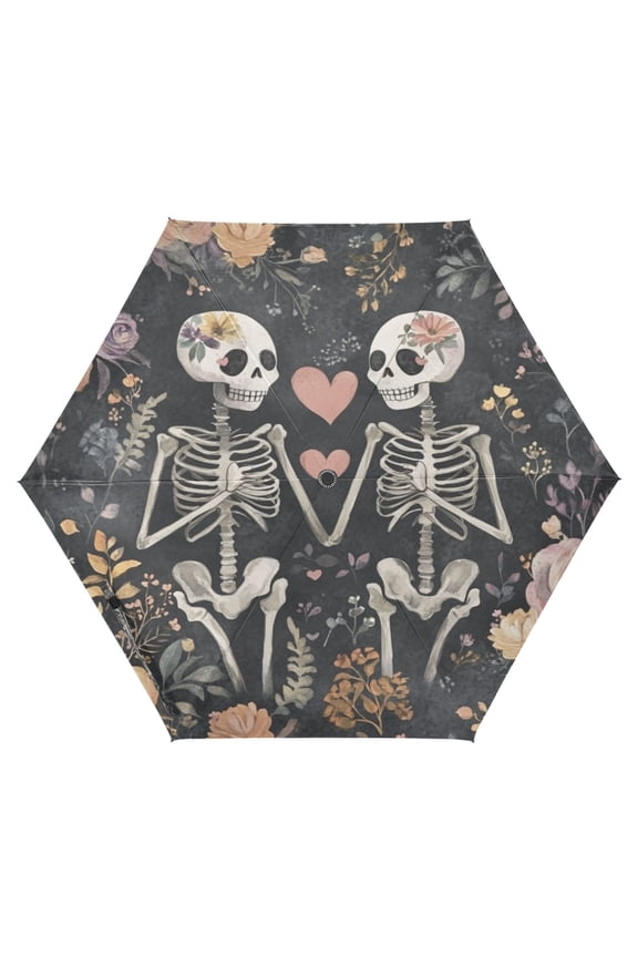 Love and Skulls Folding Umbrella UV50+ Waterproof Sun Protection Auto Open Close Compact Fiberglass Frame