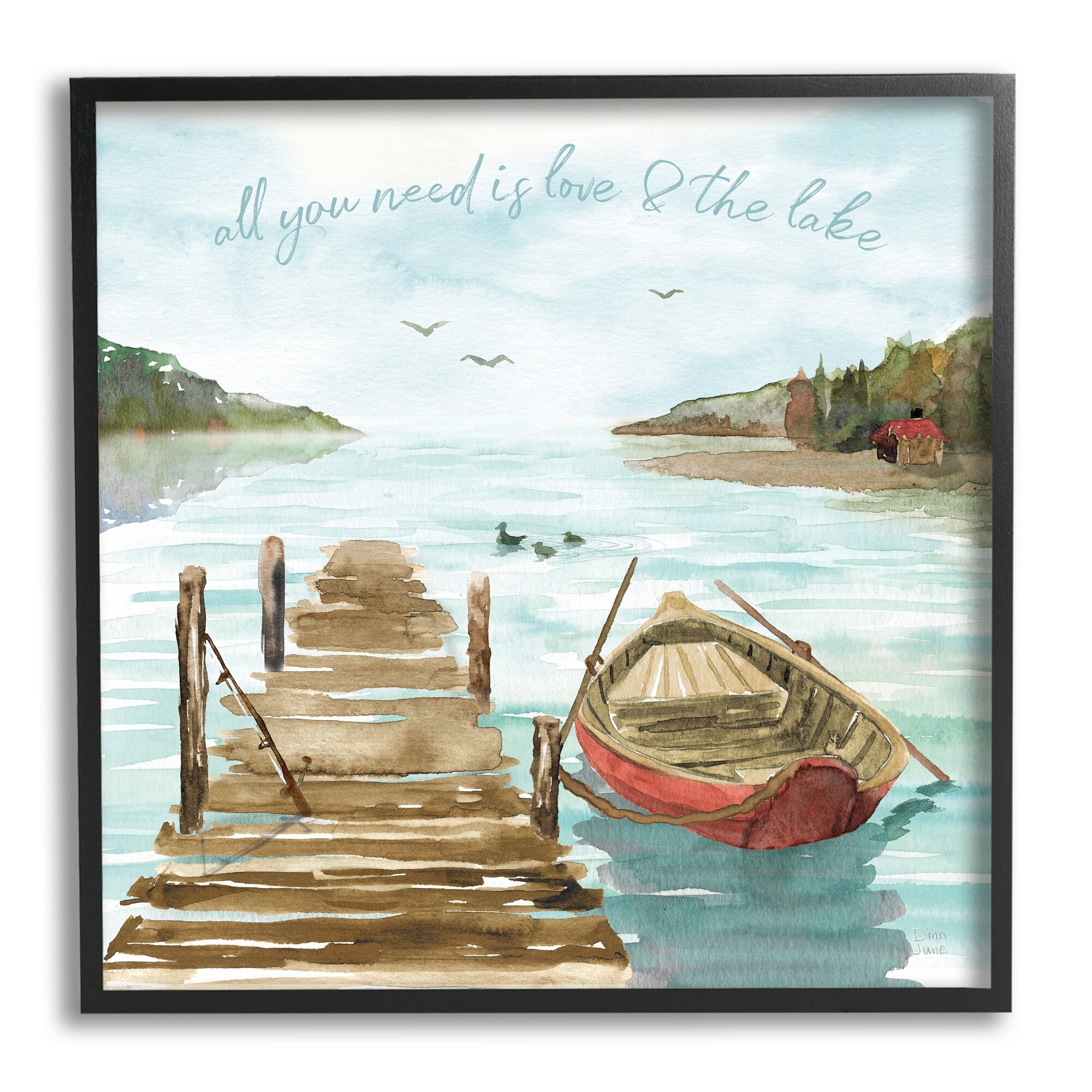 Love and The Lake Sentiment Boat Dock Landscape Landscape Framed Art Print Wall Art, 17x17