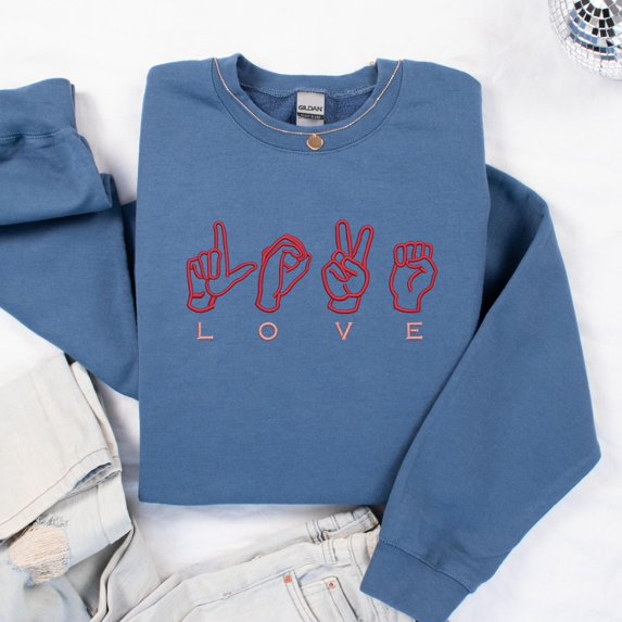Love in ASL BSL Embroidered Sweatshirt, Embroidery Sign Language Sweater, LOVE Design Jumper, Cute Fancy Valentines Day Gift for Him and Her