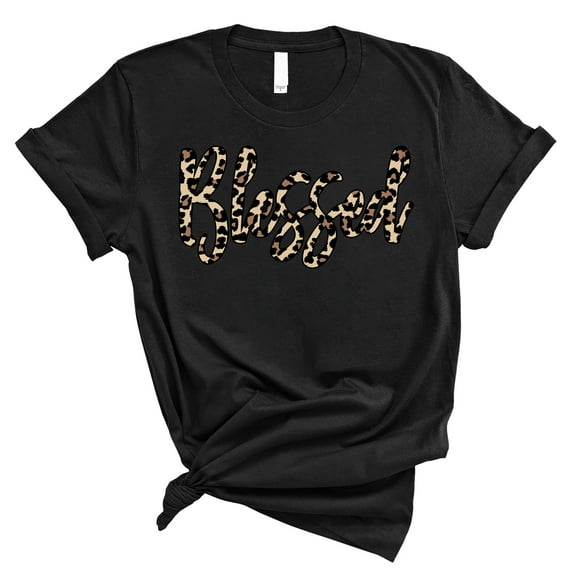 Love in Faith | Blessed Leopard Short Sleeve | Black | Christian T-Shirts for Women | Faith Based Apparel |Christian Gifts