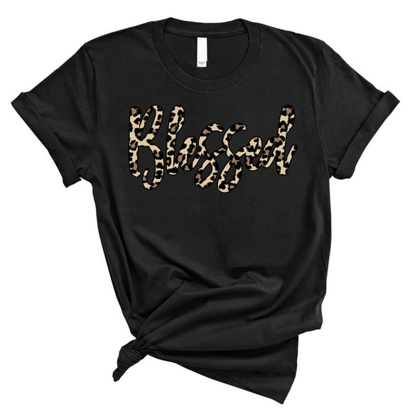 | Blessed Leopard Short Sleeve | Black | Christian T-Shirts for Women | Faith Based Apparel |Christian Gifts