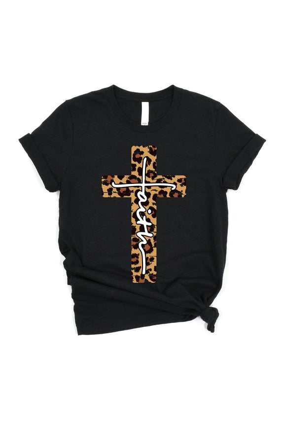 | Faith Cross Short Sleeve | Black Leopard | Christian T-Shirts for Women | Faith Based Apparel |Christian Gifts