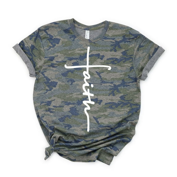 Love in Faith | Faith Cross Short Sleeve | Christian T-Shirts for Women | Vintage Camo | Large