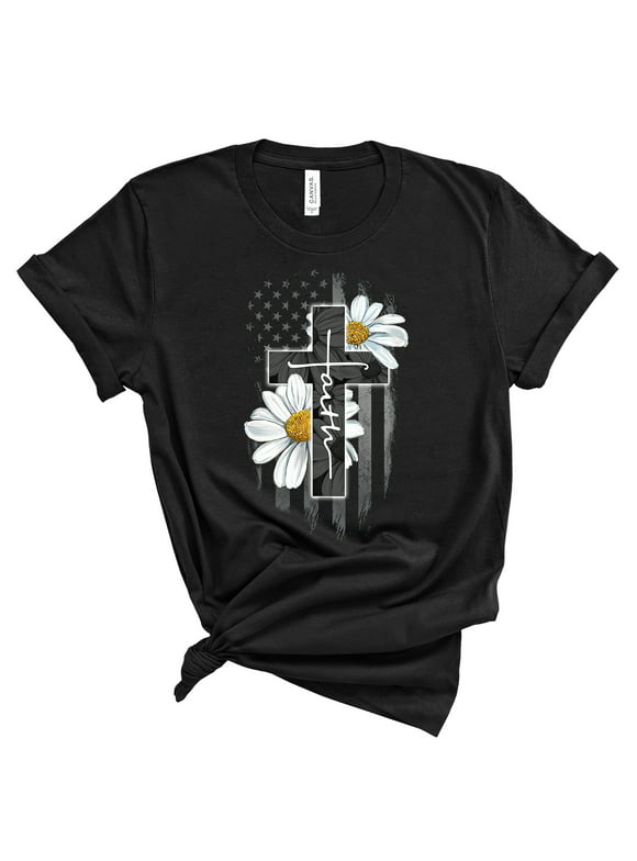 Love in Faith | Faith Flag Daisy Short Sleeve | Christian T-Shirts for Women | Faith-Based Apparel | Christian Gifts | Black | 2XL