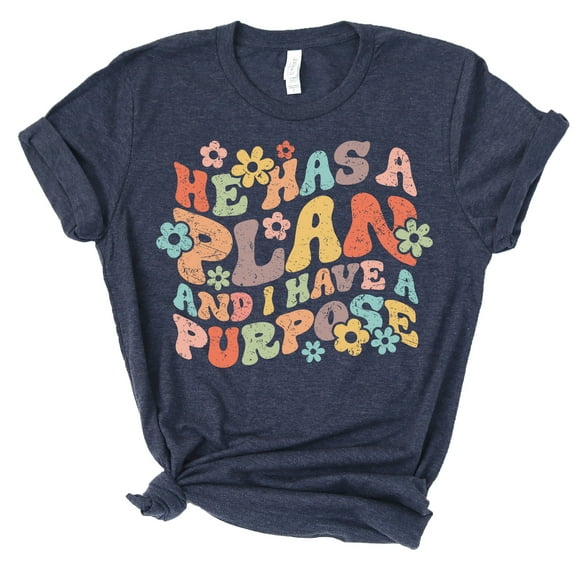 Love in Faith | He Has a Plan Short Sleeve | Heather Navy | Christian T-Shirts for Women | Faith Based Apparel |Christian Gifts