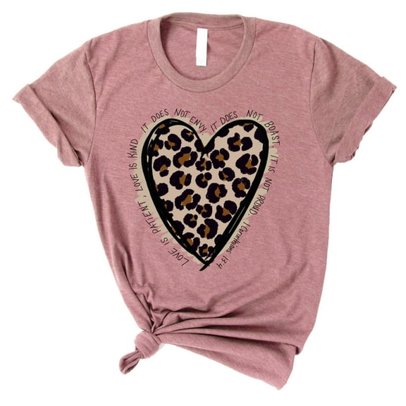 Love in Faith | Love Leopard Short Sleeve | Heather Mauve | Christian T-Shirts for Women | Faith Based Apparel |Christian Gifts