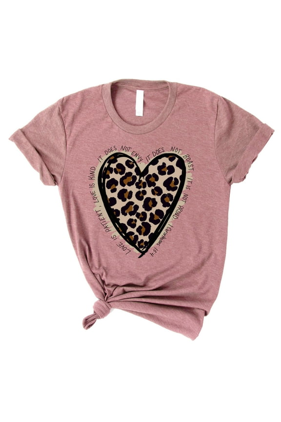 | Love Leopard Short Sleeve | Heather Mauve | Christian T-Shirts for Women | Faith Based Apparel |Christian Gifts