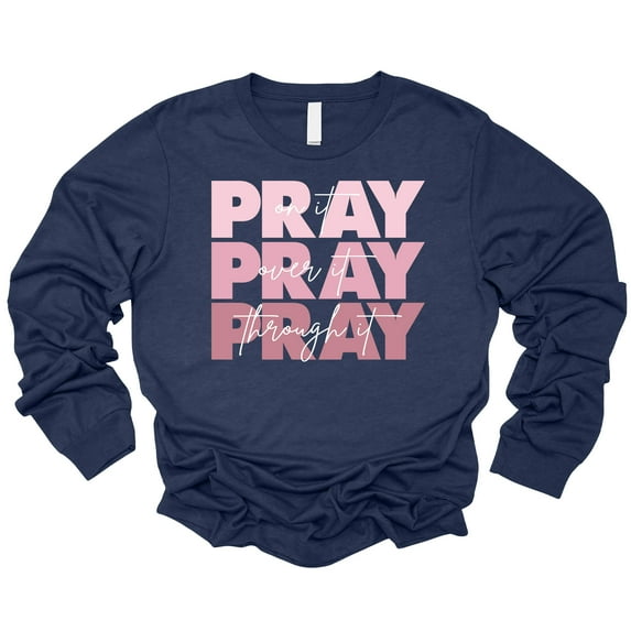 Love in Faith | Pray On It Long Sleeve | Heather Navy | Christian T-Shirts for Women | Faith Based Apparel |Christian Gifts