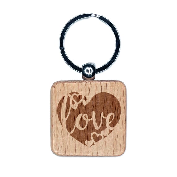 Love in Heart Wedding Anniversary Valentine's Day Square Keychain Charm Tag - Engraved Wood