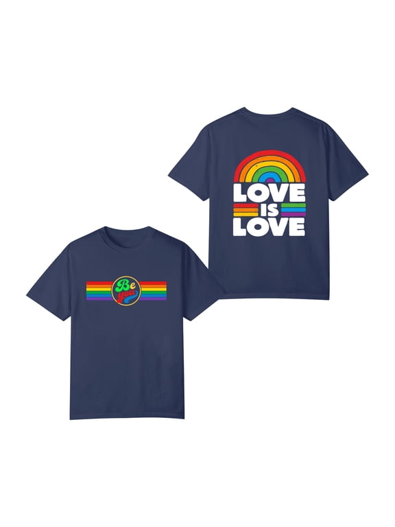 Love is Love Gay Pride Ally Rainbow Flag Men's Women's Rainbow Double Sided Different Design T-Shirt, OdeJous Navy T-Shirt M