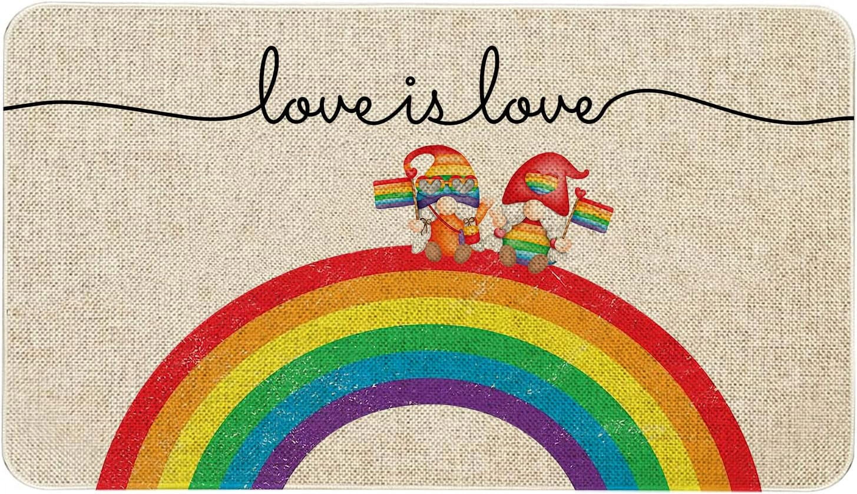 Love is Love Rainbow Door Mat 30 X 17 Inch Gay Pride Gnome LGBT Doormat Indoor Outdoor Entrance Floor Mat Non Slip Home Decor Rubber Welcome Mats