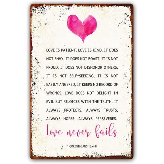 Love is Patient Kind Never Fails Metal Tin Sign Bible Verses Wall Decor Scripture Art Poster Kitchen Pictures Plaque 8x12 Inch