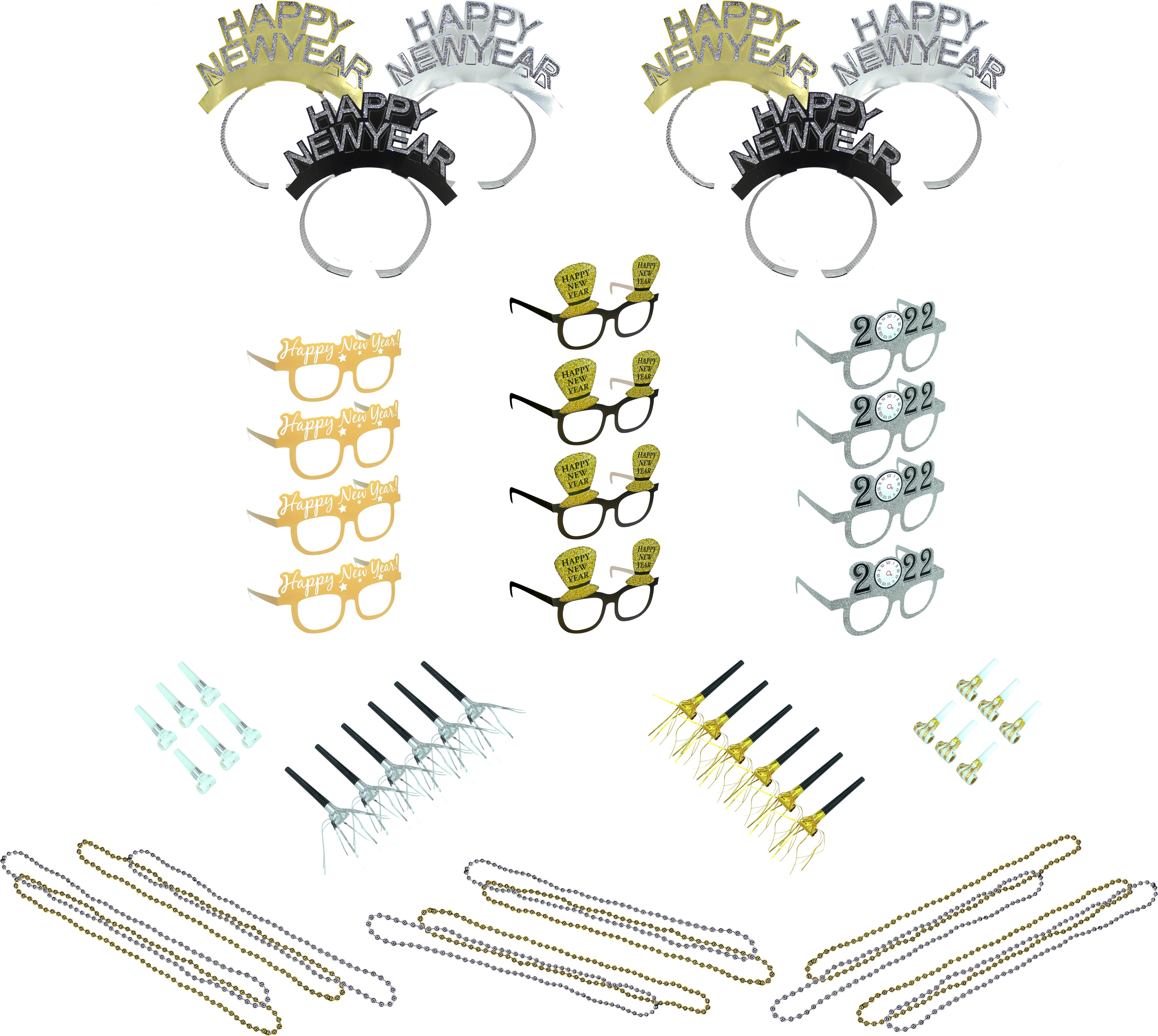 Love it! Products New Year's Eve Party Supplies Kit in a Box for 12 Guests, Includes Tiaras, Noisemakers, Funny Glasses & Mardi Gras Beads in Gold, Silver & Black