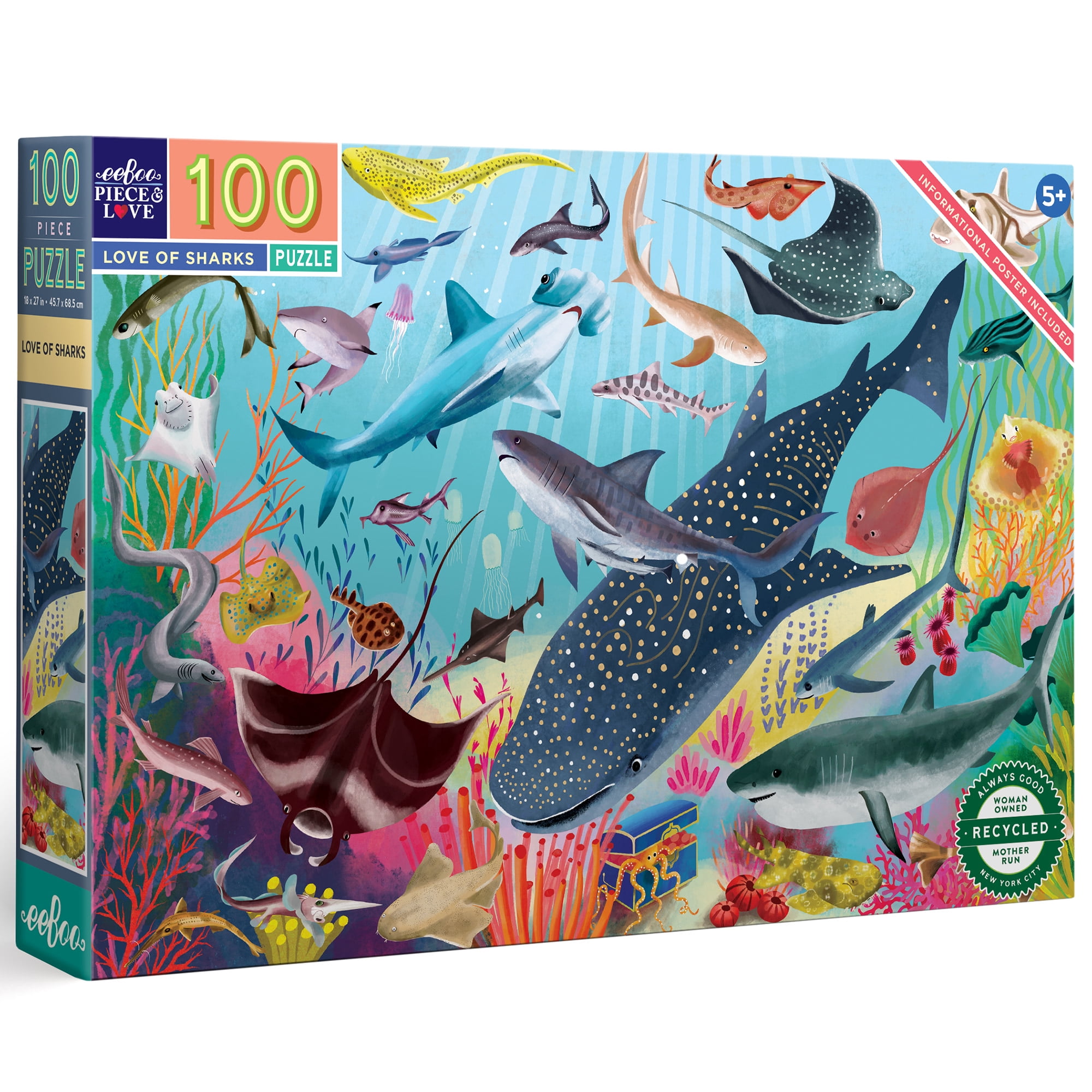 eeBoo Love of Sharks 100 Piece Puzzle with Poster for Kids, 27" x 18" once completed, 5 Years and Up.